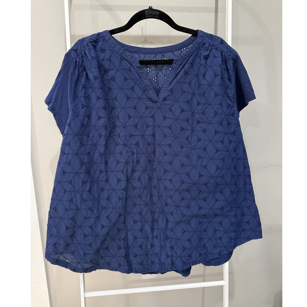 St. John's Bay Blue Embroidered 100% Cotton V-Neck Boho Cottage Blouse 2X Plus
